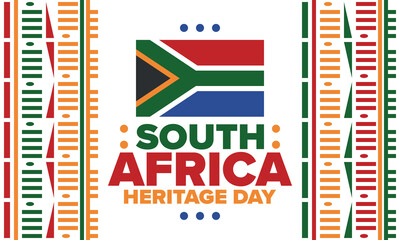 Fototapeta premium South Africa Heritage Day. Happy holiday. Celebrate culture and traditions of nation. South African flag. Poster with illustration. Pattern design. Vector