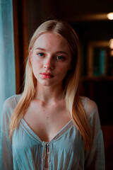 Portrait of sad and stressed young blonde woman at home, close up