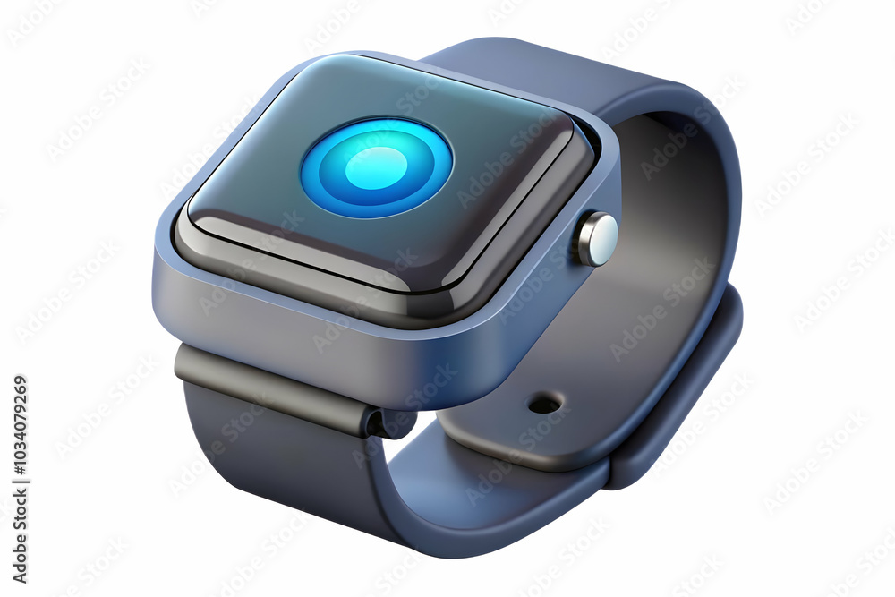 Poster macro close up of futuristic smartwatch charging dock with illuminated led indicators - advanced tec