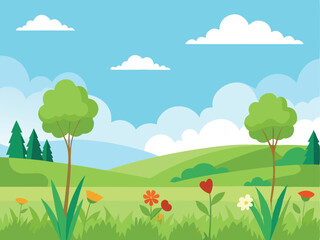Fototapeta premium Lush Meadow Landscape with Wildflowers and Blue Sky for Nature-Inspired Designs