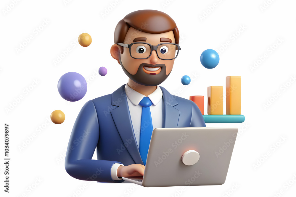 Poster bokeh light effects: entrepreneur analyzing market trends on laptop with dynamic background and copy