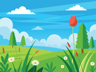 Fototapeta premium Lush Meadow Landscape with Wildflowers and Blue Sky for Nature-Inspired Designs