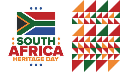 Obraz premium South Africa Heritage Day. Happy holiday. Celebrate culture and traditions of nation. South African flag. Poster with illustration. Pattern design. Vector