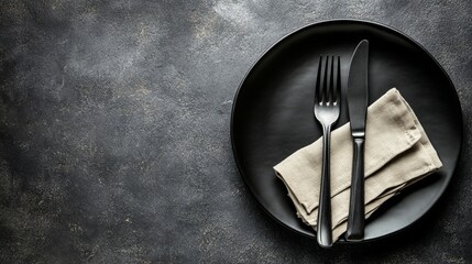 Elegant table setting with black plate, silver cutlery, and beige napkin on dark textured background. Minimalist dining concept with copy space.