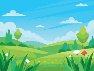 Obraz premium Lush Meadow Landscape with Wildflowers and Blue Sky for Nature-Inspired Designs