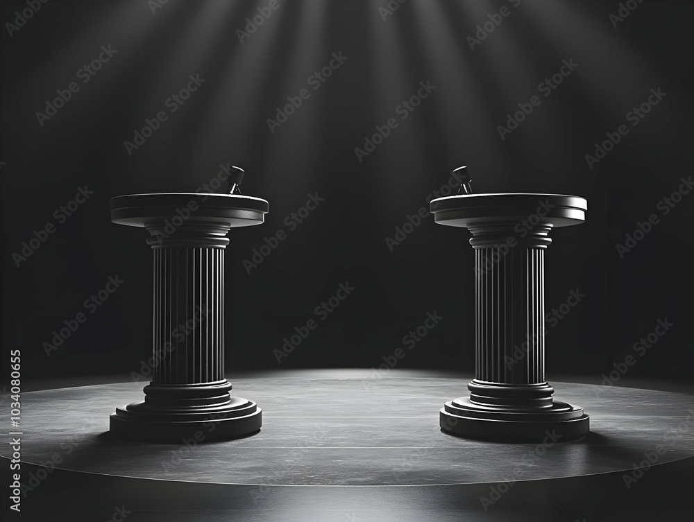 Poster flat glossy debate podiums concept: wide shot of two glossy podiums with 'democracy' etched in front