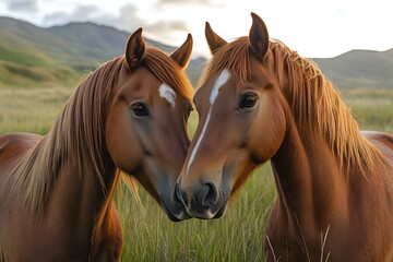 Obraz premium A pair of horses nuzzling each other in a green pasture, with mountains in the distance and soft sunlight