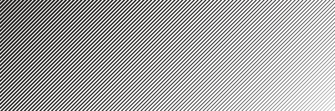 Slant line halftone gradation texture. Fading diagonal stripe gradient background. Black oblique pattern backdrop. Vanishing thin parallel line wallpaper for overlay