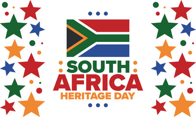 South Africa Heritage Day. Happy holiday. Celebrate culture and traditions of nation. South African flag. Poster with illustration. Pattern design. Vector