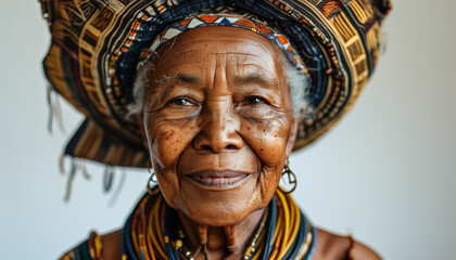 Obraz premium Elderly woman with traditional headdress and vibrant attire smiles warmly, showcasing cultural heritage and wisdom in a bright, natural setting