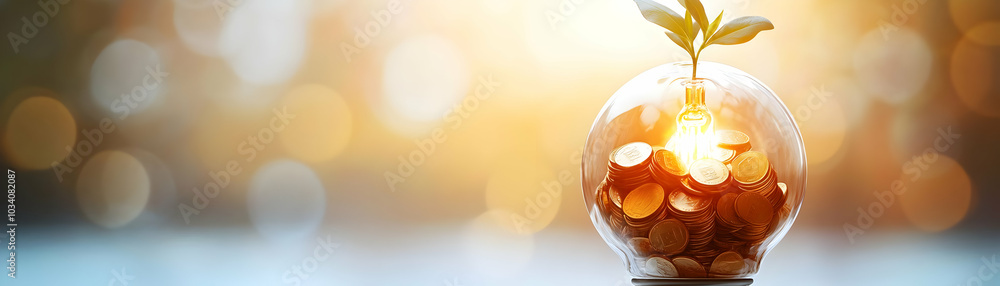 Poster lightbulb filled with coins and growth sprout - vector illustration of a transparent lightbulb with 