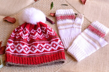 Red white christmas hat mittens hand knitted jacquard warm winter collection choth, santa claus theme, organic wool knitting progect, handcrafted beanie accessory, female fashion, new year holidays