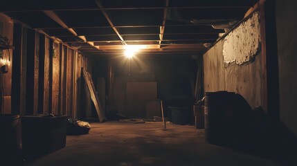 A dimly lit basement with exposed wooden beams and a single light bulb illuminating the space.