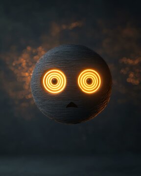 Mysterious glowing sphere with spiral eyes in a dark atmosphere, evoking curiosity and wonder. Unique digital art concept in 3D rendering.