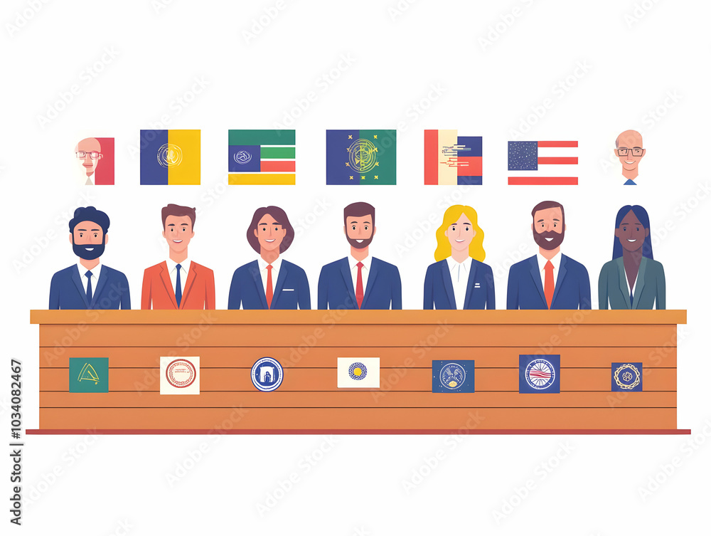 Poster flat multilingual election materials display concept: wide shot of diverse voting resources with acc
