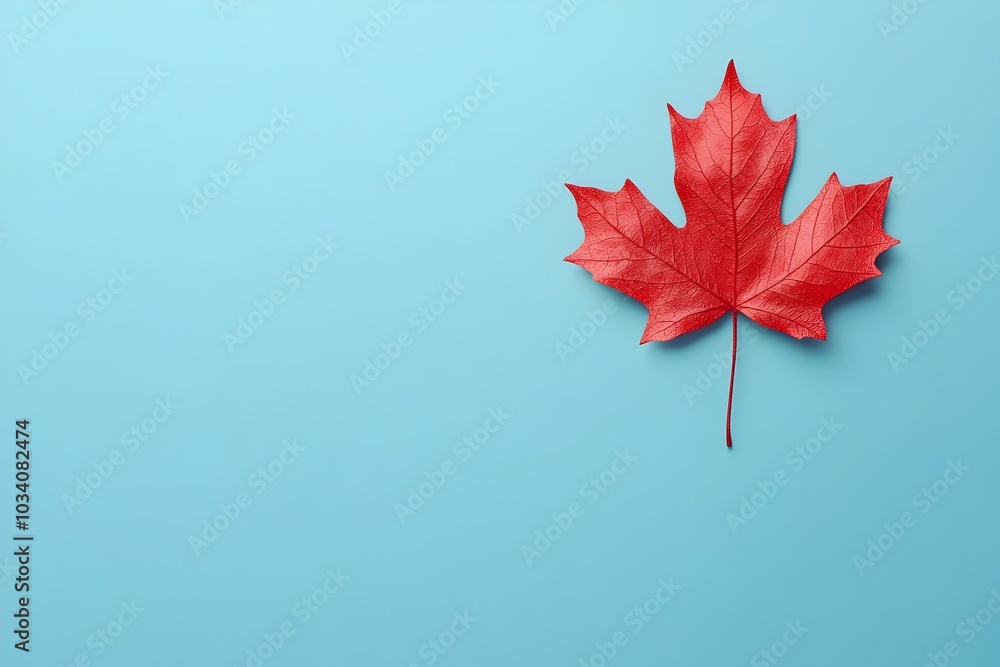 Poster minimalist maple leaf on teal background with negative space for text or title