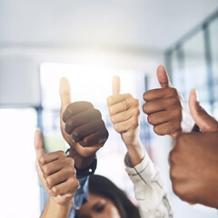 Business people, hands and thumbs up in office for success, achievement and collaboration with support. Employees, trust and approval gesture in workplace for thank you, teamwork and agreement emoji