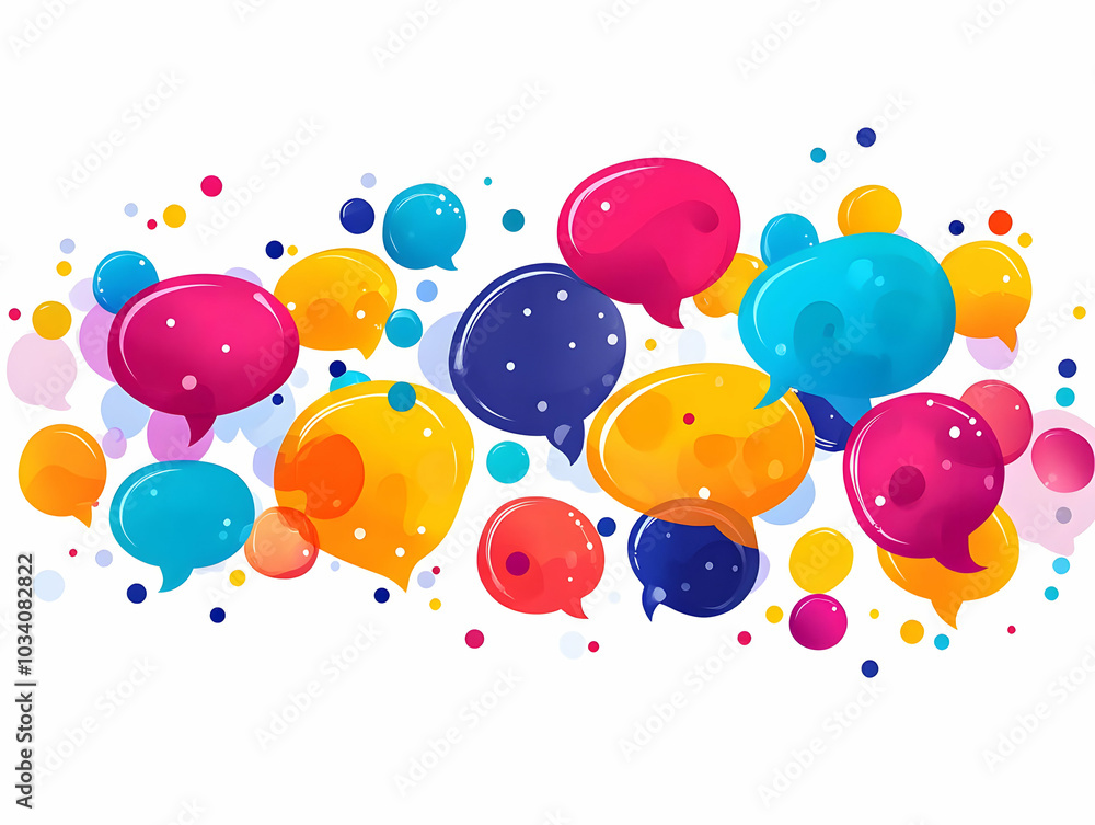 Poster flat glossy speech bubble collage concept: close-up of overlapping colorful bubbles with copy space 