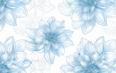 Fototapeta premium A seamless pattern of delicate line art dahlia flowers, their petals outlined in soft blue lines on an isolated white background.