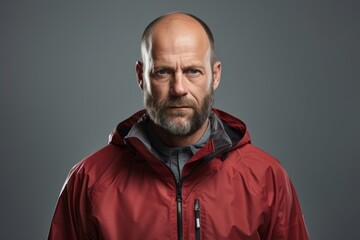 Fototapeta premium Portrait of a glad man in his 40s wearing a functional windbreaker in minimalist or empty room background