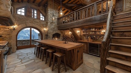 Obraz premium Rustic farmhouse kitchen with a wooden island and vintage stools