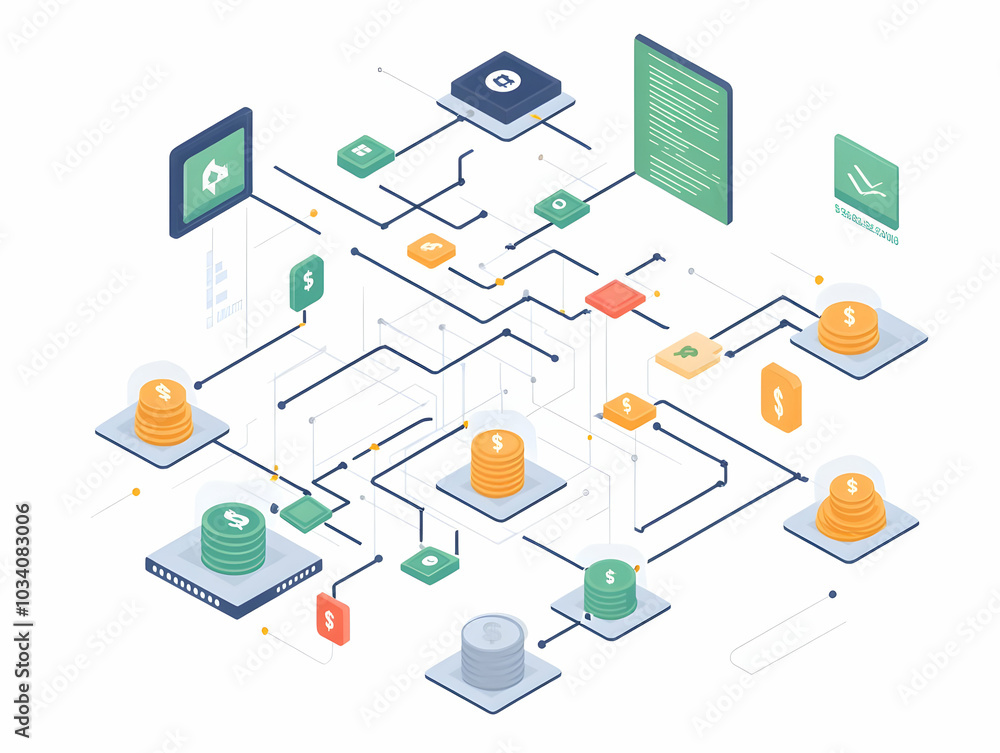 Poster flat holographic campaign finance flowchart concept: wide shot of a complex flowchart with glowing a