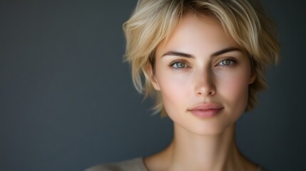 Naklejka premium Close-up of a confident woman in her early 30s with short blonde hair and expressive eyes, blending Thai, French, and Russian features, looking directly at the camera with a serious expression
