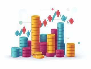 Flat Fundraising Graph Growing from Digital Coins - Close-Up of Fundraising Success with Soft Bokeh Financial Chart Background in Simple Vector Illustration