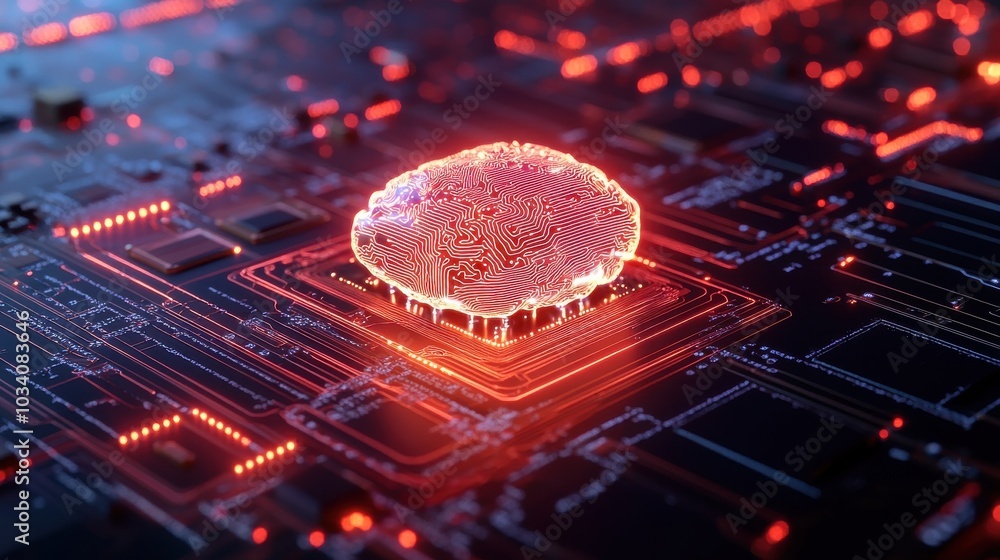 Poster glowing circuit board with red highlights and patterns