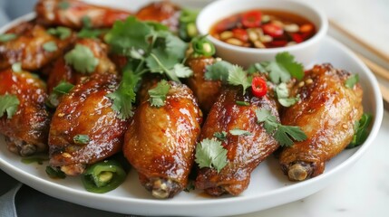 Fototapeta premium A plate of crispy, glazed chicken wings with cilantro, chili peppers, and a side of dipping sauce.