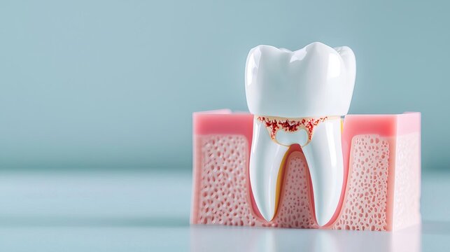 3D cross-section of a tooth with decay reaching the pulp chamber, showing the need for root canal treatment, tooth decay, root canal