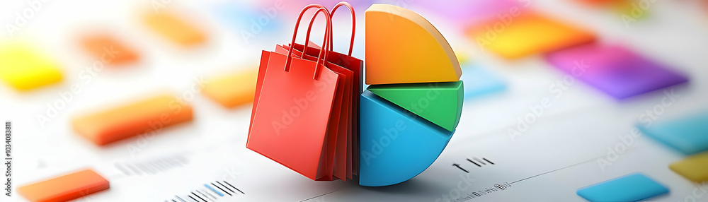 Poster isometric 3d pie chart with one slice transformed into shopping bag - glossy finish and textured han