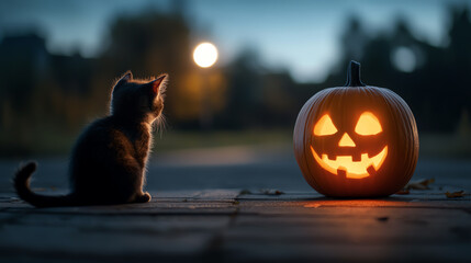 Obraz premium Cat sits by glowing Halloween pumpkin.