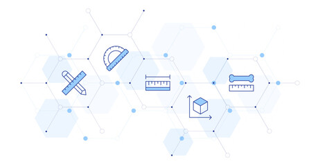 Measure Banner Vector Illustration with Icon Style in Between. Line Duotone icon. Containing protractor, work in progress, bone, cube, length