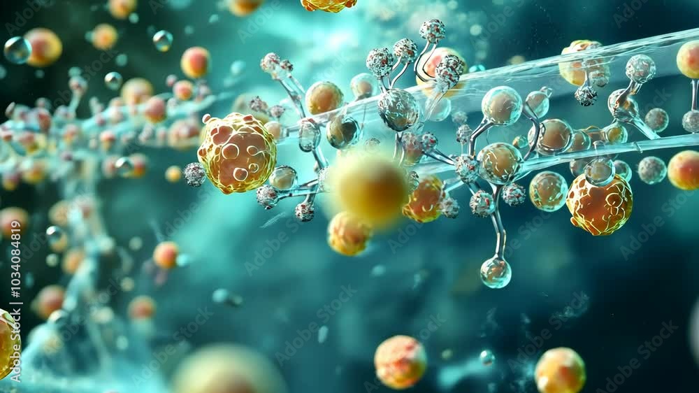 Poster a microscopic view of a virus in a liquid solution, illustrating the complex structure of the pathog