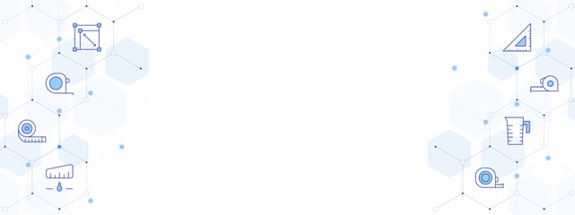 Measure Banner Vector Illustration with Two-sided Icon Style. Line Duotone icon. Containing measuring cup, measuring tape, rescale, set square, tape measure, speedometer