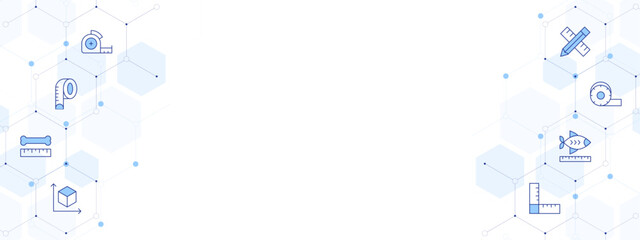 Measure Banner Vector Illustration with Two-sided Icon Style. Line Duotone icon. Containing ruler, measuring tape, pencil, bone, cube, scale