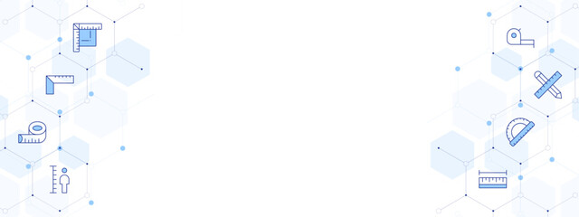 Measure Banner Vector Illustration with Two-sided Icon Style. Line Duotone icon. Containing protractor, work in progress, measuring tape, ruler, length, height