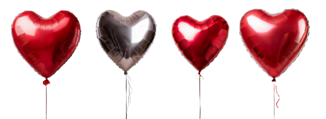 Four heart-shaped balloons in red and silver, perfect for romantic occasions or celebrations, isolated on white.