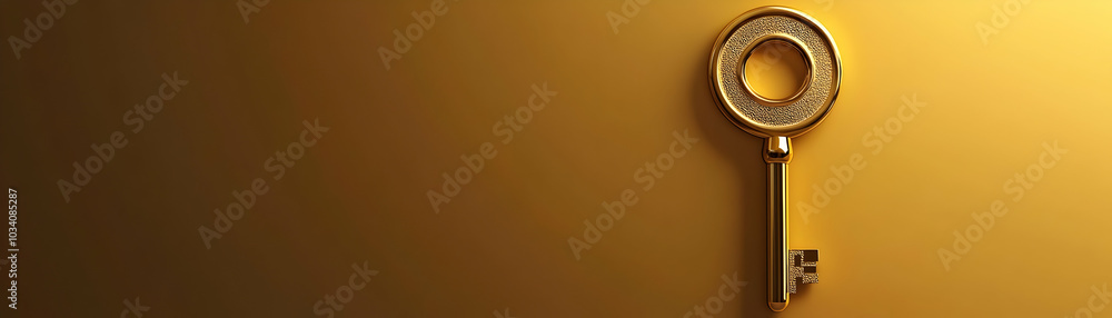 Poster glossy golden key approaching keyhole symbolizing opportunities - dolly shot with ample copy space o