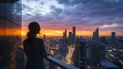 Wide shot of a woman standing on the edge of a balcony, looking out over a busy city skyline at sunset