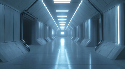 Obraz premium Futuristic White Corridor with Bright Lights and Doors Sci Fi Interior Design