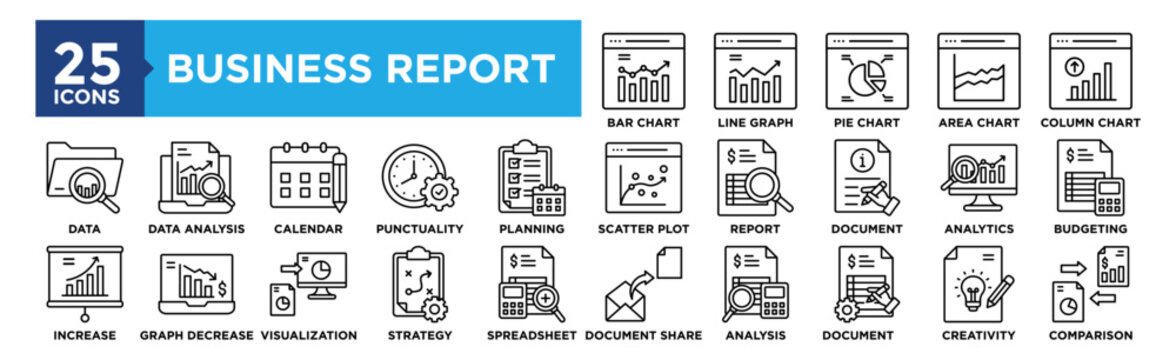 Business Report icon collection set. Containing design  business, report, marketing, analysis, corporate, office, growth, strategy