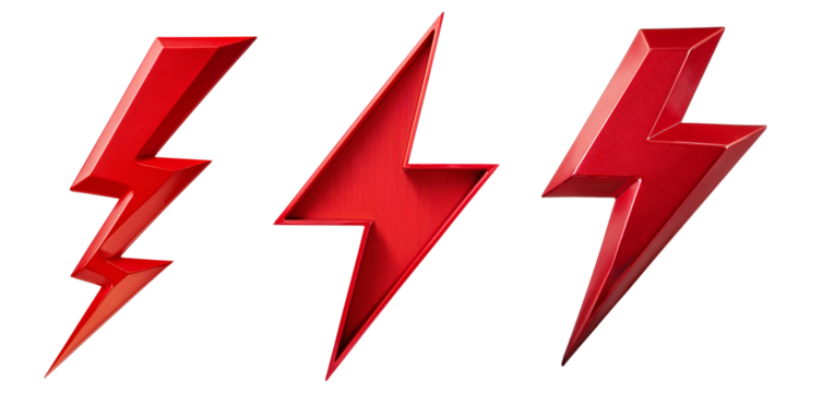 Three red lightning bolts on a white isolate background.