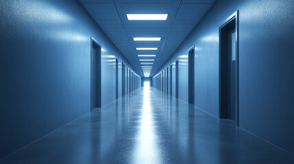 Blue Corridor Interior Architecture Design Long Empty Hallway with Doors and Light