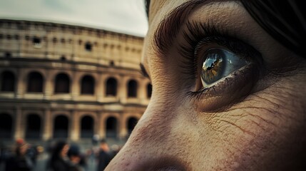 Close-up of the woman standing near the Colosseum in Rome, Italy, her large expressive eyes focused on the task ahead, as tourists pass by unaware of the business deals she is closing