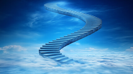 Winding attic ladder leading to the sky among clouds, dreamy atmosphere