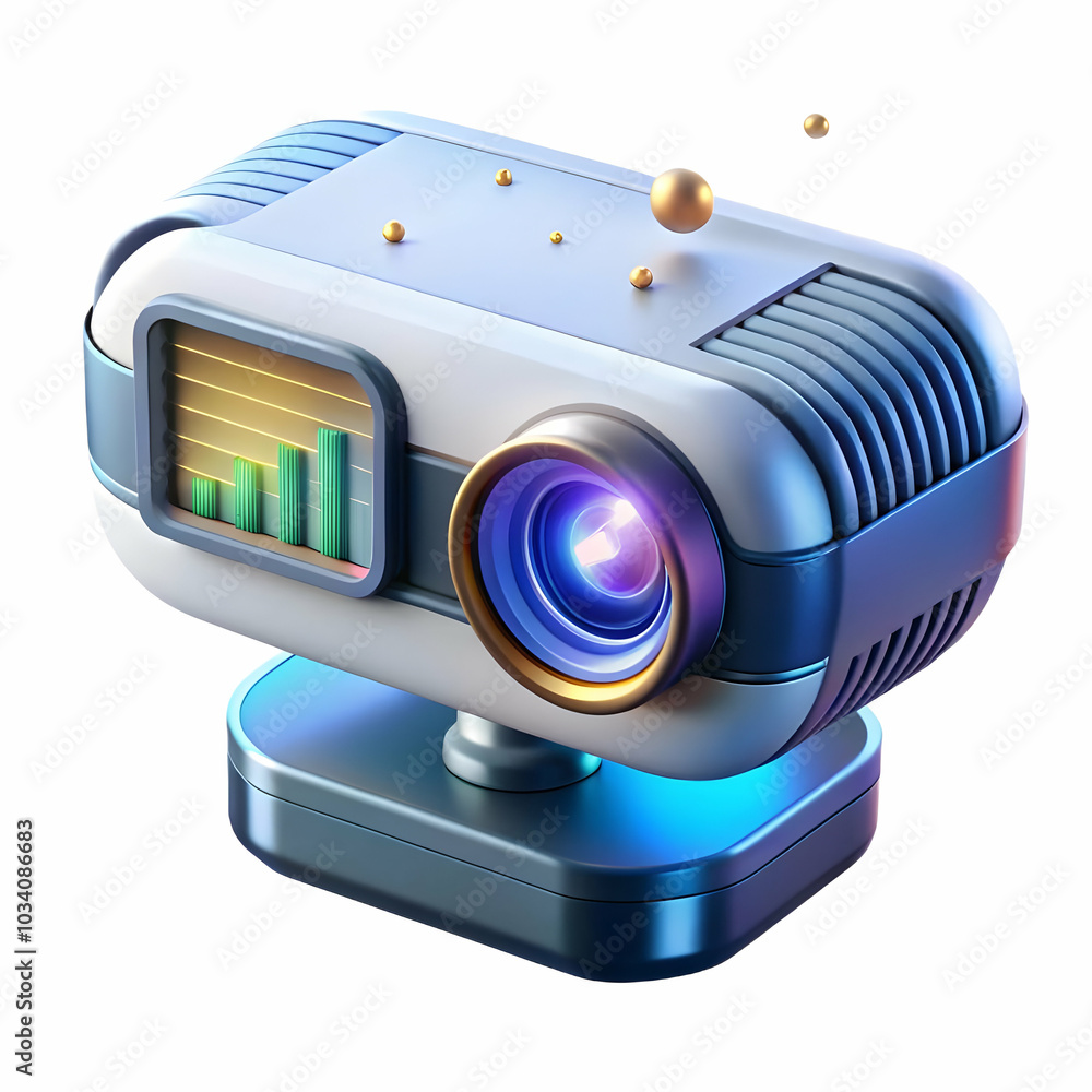 Poster close up of a futuristic projector displaying holographic slides in a modern office setting with glo