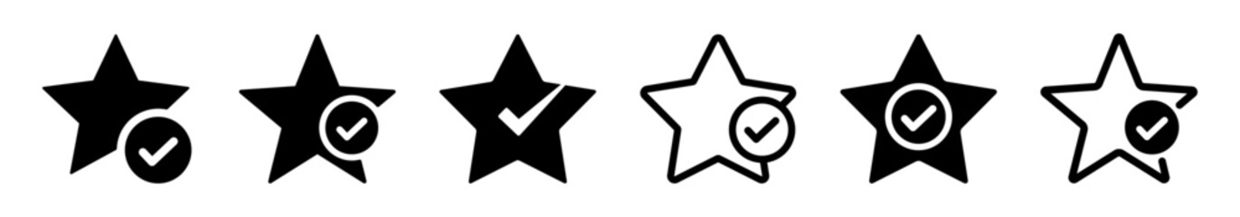 Star Rating and Verification Icons Set – Stars with Check Marks for Approval, Verified Status, and Quality Assurance. Star with checkmark verified symbol icon set in black color vector illustration © Kingwardobe