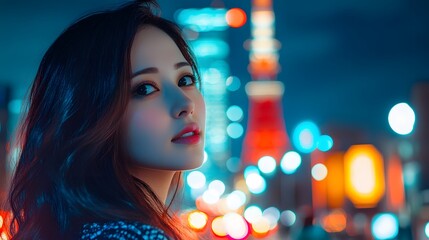 Close-up of the woman standing near the Tokyo Skytree, Japan, her professional and confident expression highlighted by the vibrant lights of the city at night